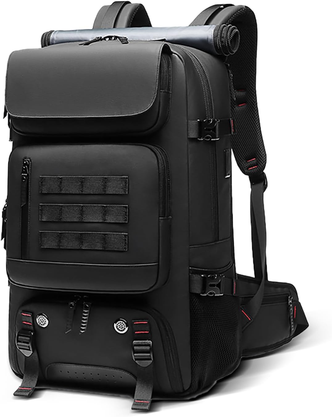 Unisex 50L waterproof travel backpack with shoe compartment, side pockets & USB port, front view