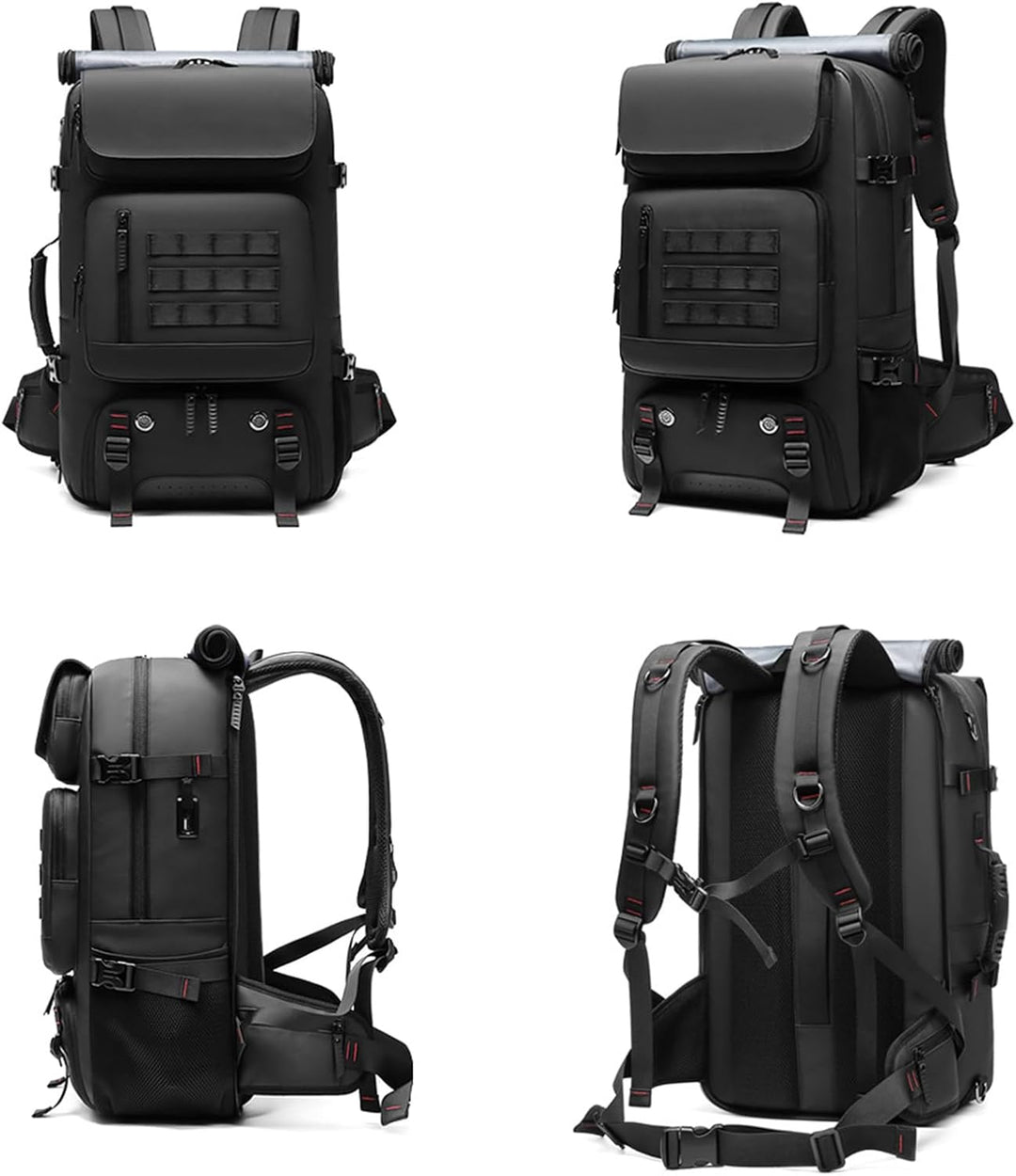 Large capacity hiking backpack in black, showing spacious main compartment & integrated shoe storage