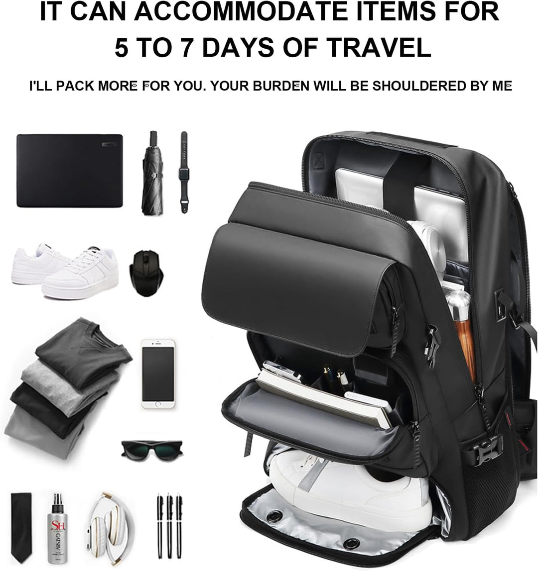 Durable waterproof travel backpack for adventures, highlighting padded shoulder straps & USB charging port
