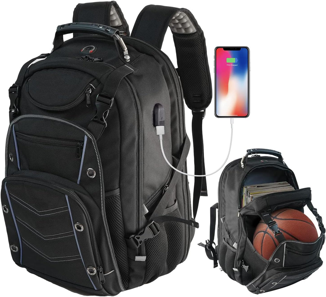Unisex 55L extra-large travel laptop backpack, black, with USB-C port, RFID pocket, durable for school or work.