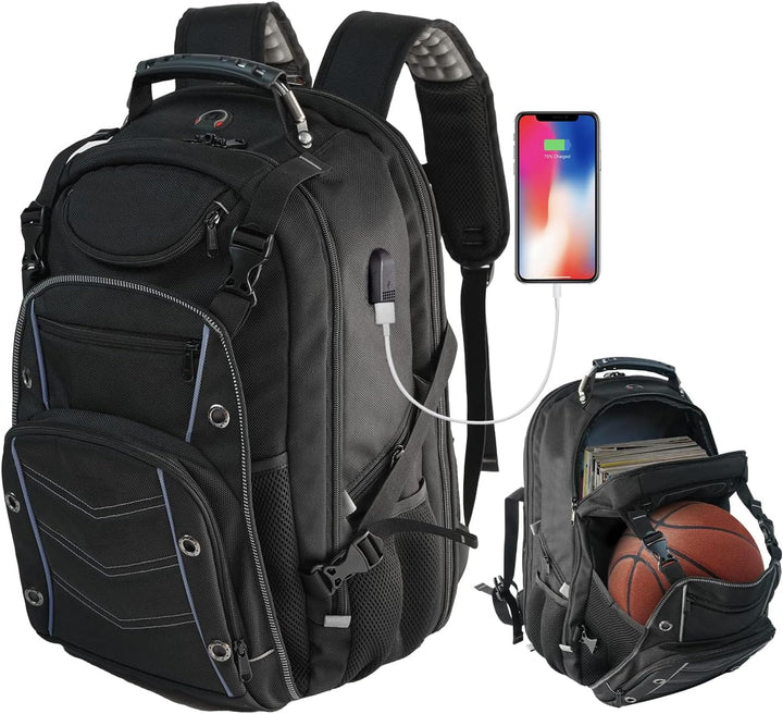 Unisex 55L extra-large travel laptop backpack, black, with USB-C port, RFID pocket, durable for school or work.