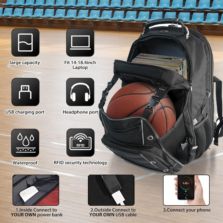 Spacious 55L unisex travel backpack, black, open to show large capacity for laptop and gear, ideal for school.
