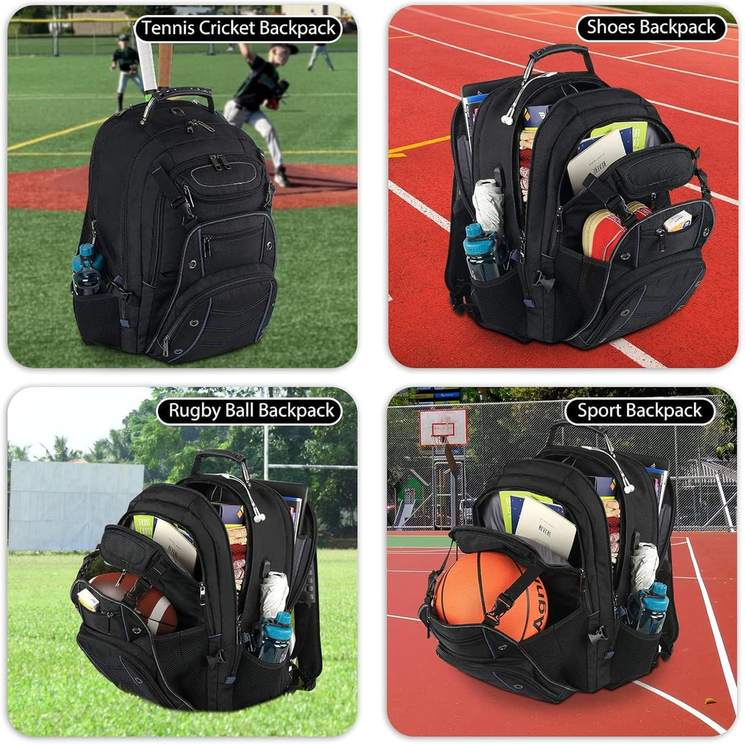 Front view of black 55L unisex travel laptop backpack, durable fabric, with multiple pockets, great for work.