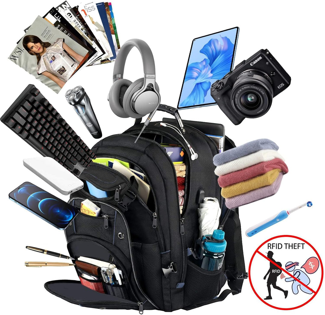 Side profile of a black 55L travel backpack, showcasing its large capacity and sturdy design for travel.