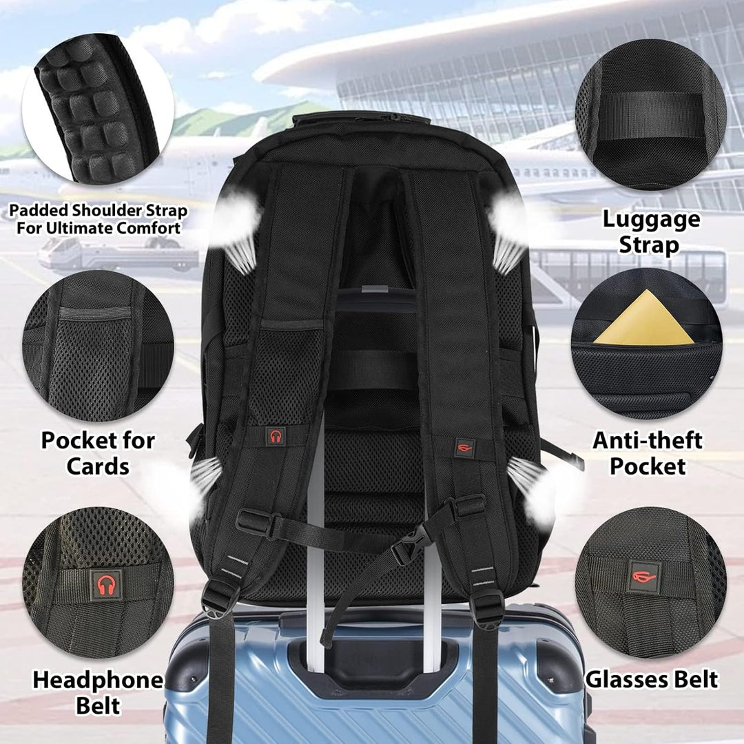 Rear view of ergonomic shoulder straps and back panel on a black 55L travel laptop backpack, comfortable carry.