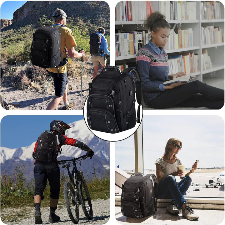 Unisex 55L travel backpack with RFID-protected pocket, black, for secure storage of valuables, durable build.
