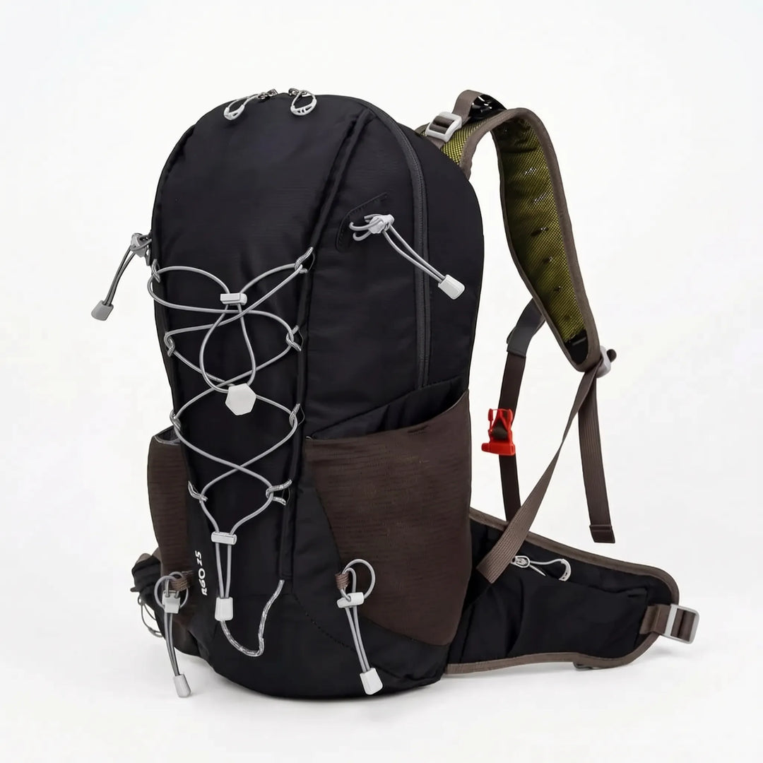 Spacious 6.6-gallon nylon hiking daypack with multiple pockets & waterproof rain cover for essential gear storage.