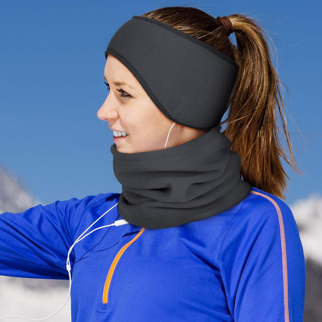 Unisex 6-in-1 Winter Fleece ArcticPack set, black thermal headband and neck warmer combo