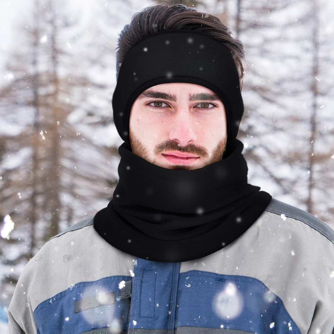 Model wearing black fleece neck warmer from ArcticPack, covering mouth and nose for cold weather