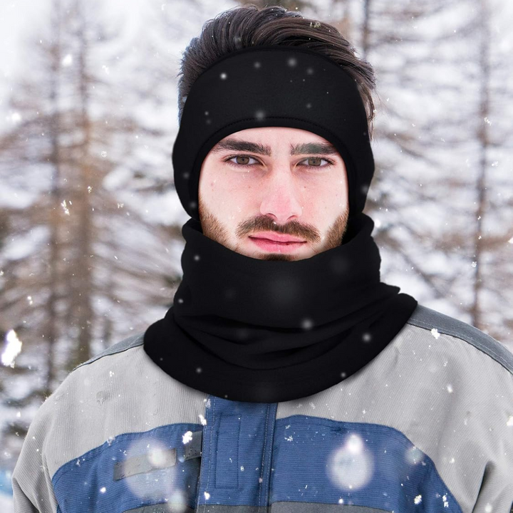 Model wearing black fleece neck warmer from ArcticPack, covering mouth and nose for cold weather