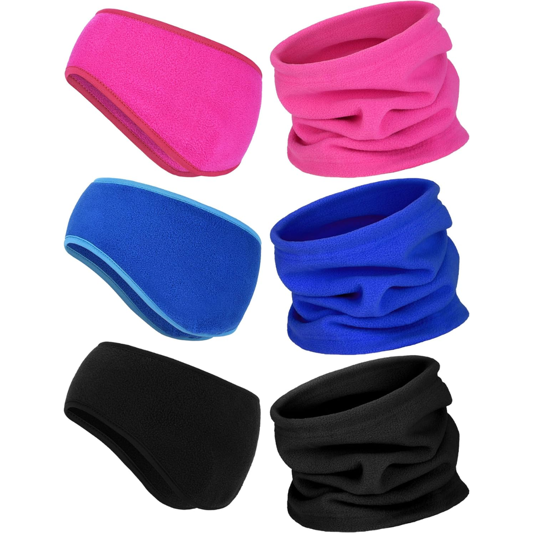 Outdoor gear: person wearing black fleece neck warmer against snow, from ArcticPack 6-in-1 set