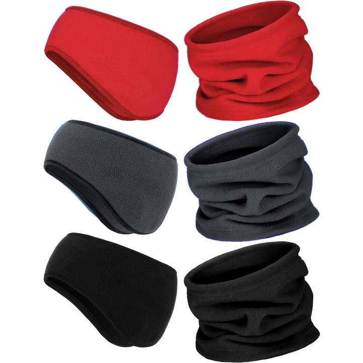 Versatile black fleece headband and neck warmer, 6-in-1 ArcticPack for cold weather apparel