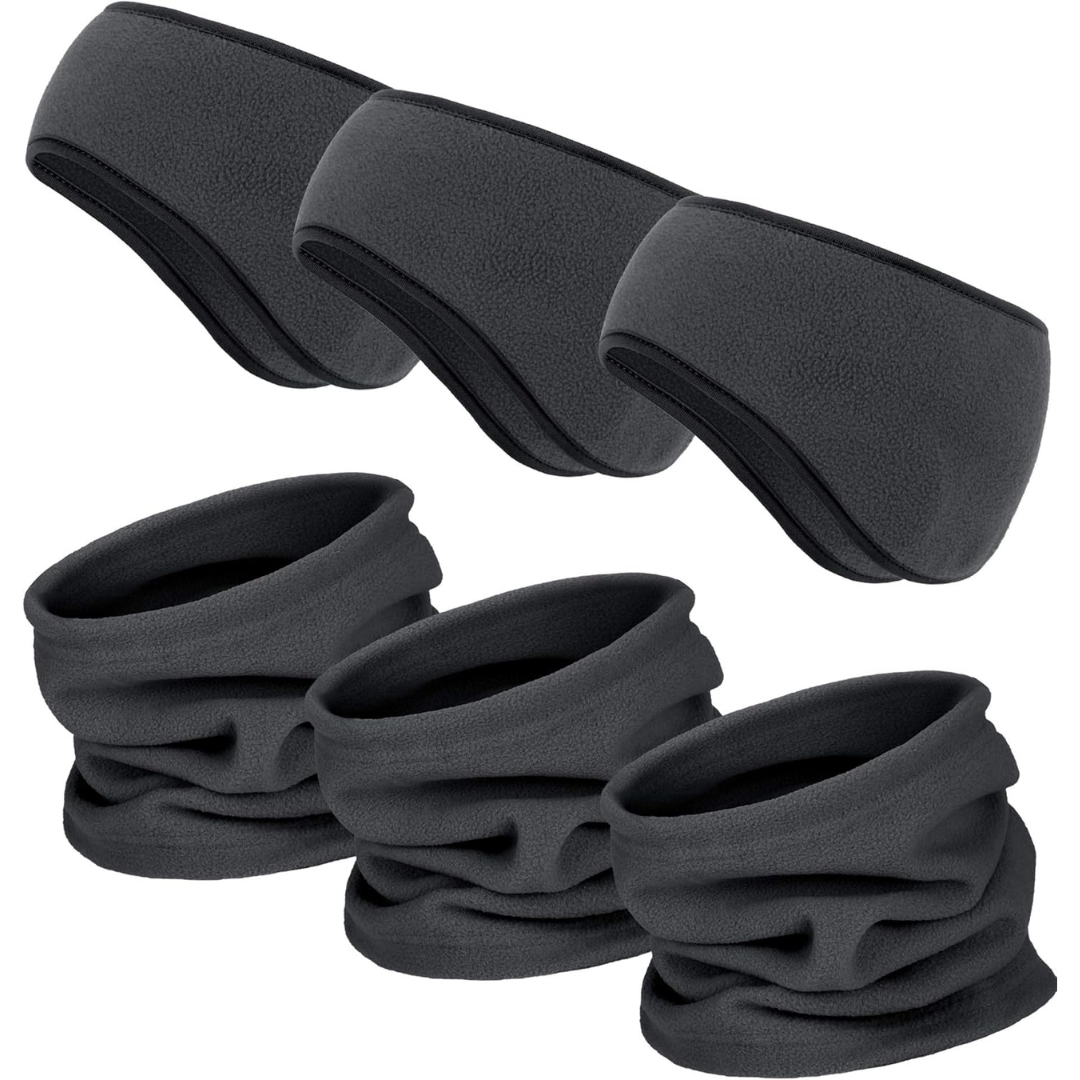 Folded black fleece neck warmer and headband, compact 6-in-1 ArcticPack winter accessories