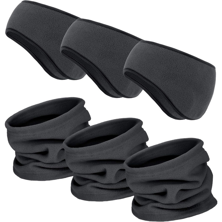 Folded black fleece neck warmer and headband, compact 6-in-1 ArcticPack winter accessories