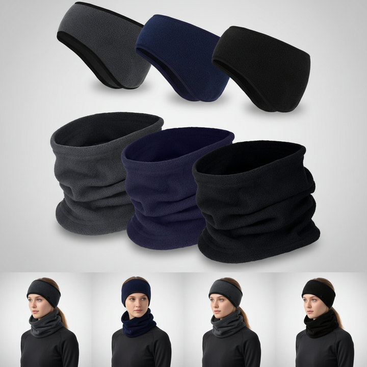 Model wearing ArcticHalt fleece headband and neck warmer, keeping warm in cold weather