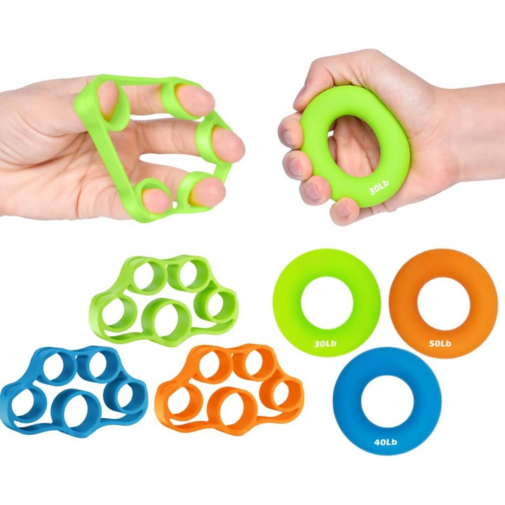 Unisex 6-piece hand grip strengthener set for comprehensive grip, finger, and forearm strength training.