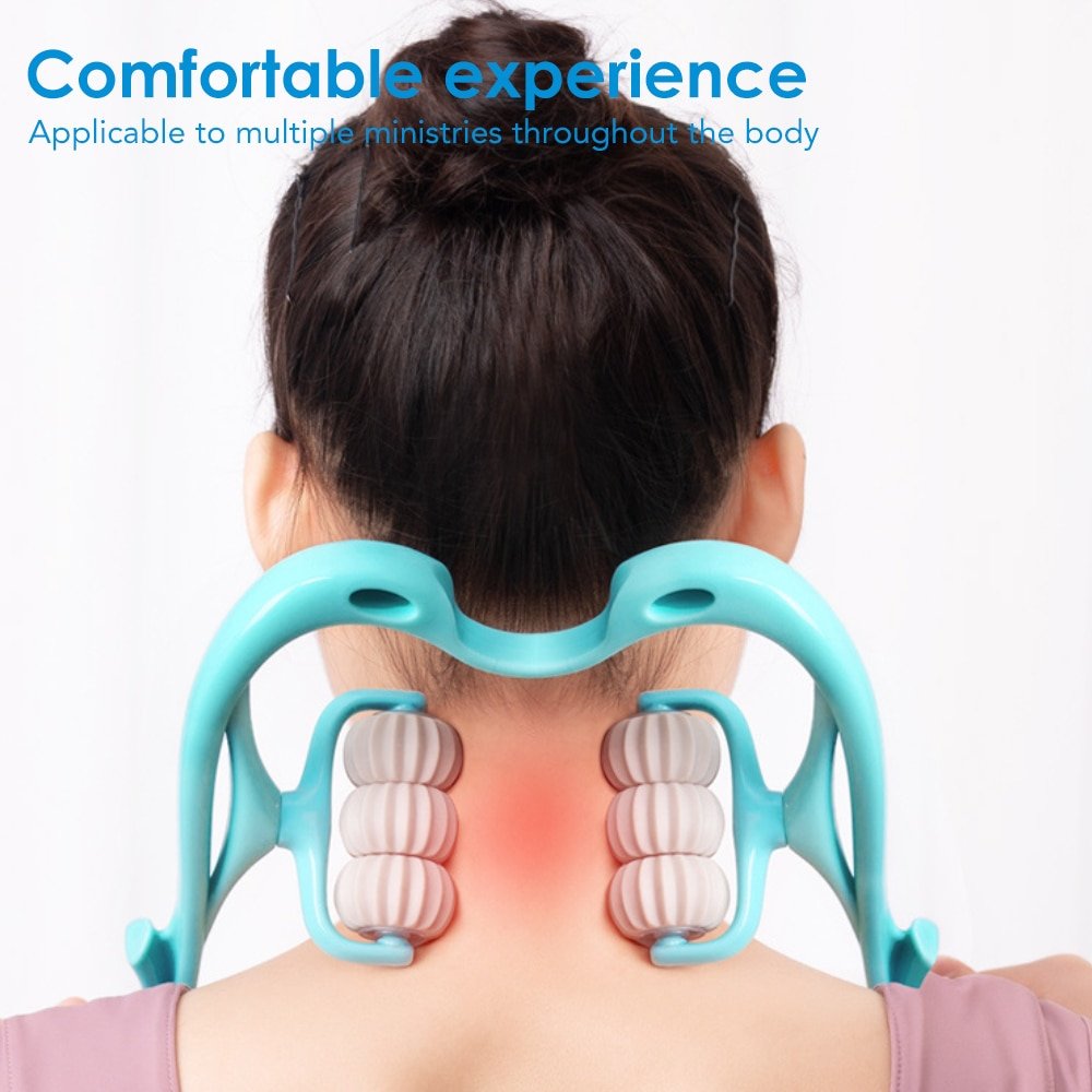 Portable 6-wheel neck massager for on-the-go muscle relief, reducing stress & headaches.