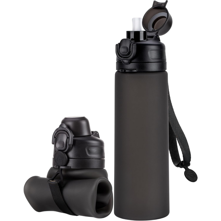 Reusable 600ml BPA-free silicone bottle, collapsible for space-saving storage & portable hydration.