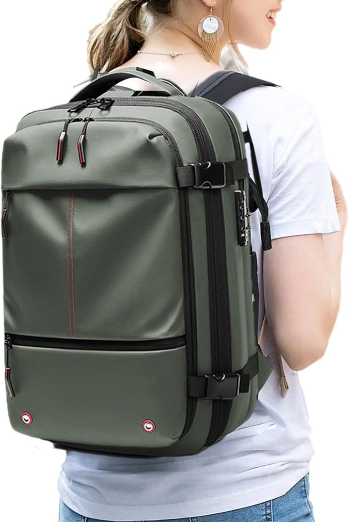 Unisex 60L expandable travel backpack with laptop compartment, waterproof and anti-theft features.