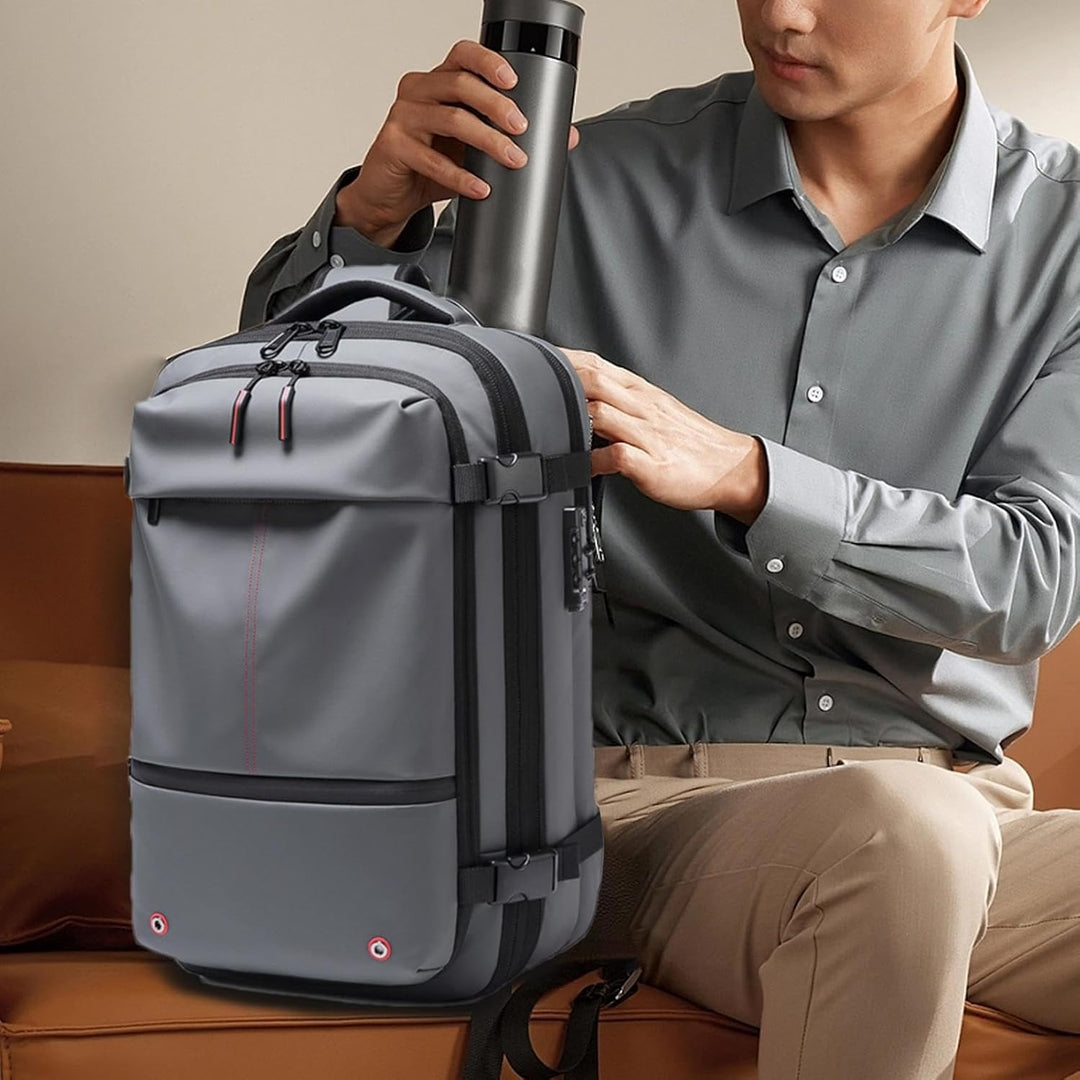 Unisex 60L travel backpack being worn by a traveler, demonstrating its comfortable fit.