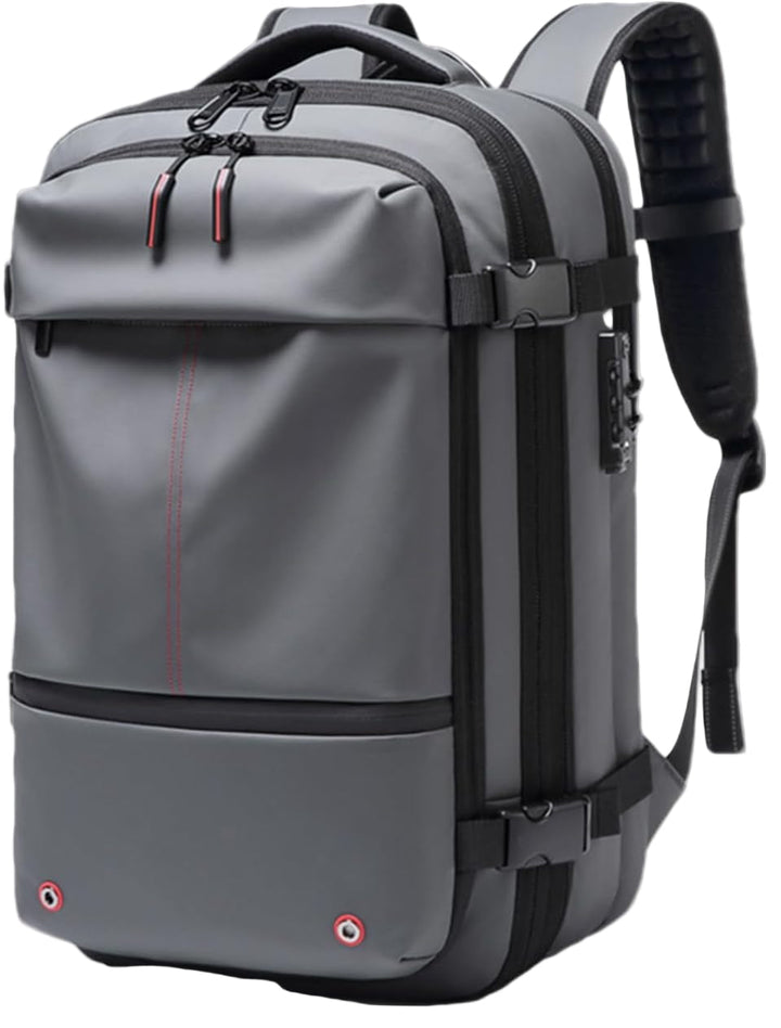 Anti-theft pocket detail on the back of the expandable 60L travel backpack.