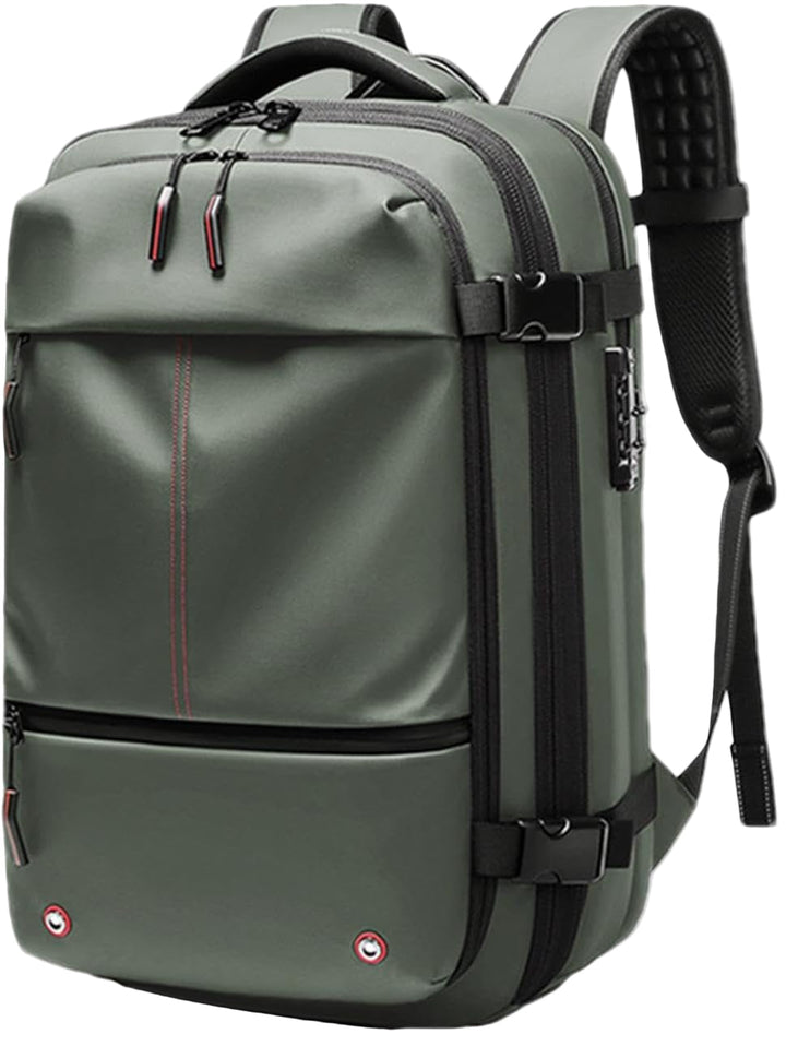 Front view of the expandable 60L travel backpack, showcasing its clean design and durable material.