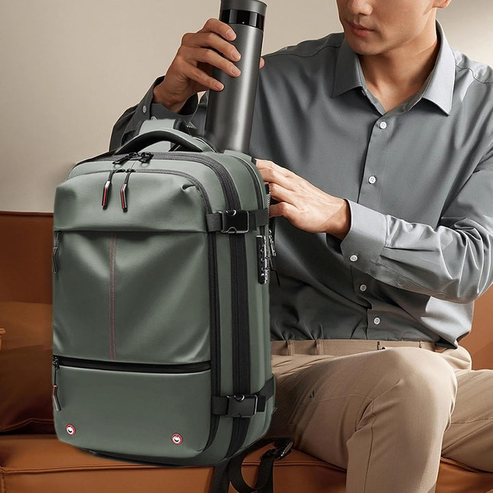 Back view of the 60L unisex travel backpack, highlighting ergonomic straps and anti-theft pocket.