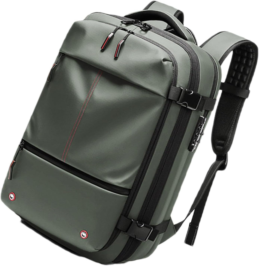Side view of the Trivora expandable 60L backpack, showing expansion zippers and compression straps.