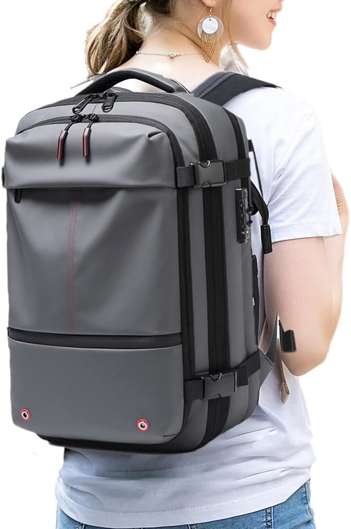 Close-up of the waterproof fabric and robust zippers of the 60L travel backpack.