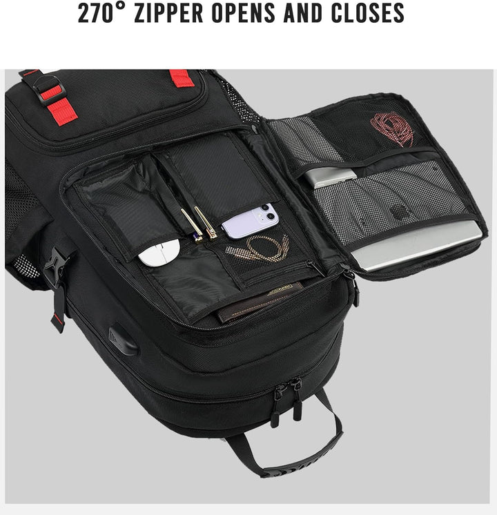 Water-resistant unisex commuter backpack with USB port for charging. Fits laptops, ideal for travel & outdoor use.