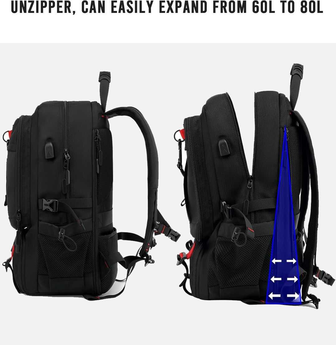 Travel laptop backpack with dedicated shoe compartment & USB charger. 60L capacity, water-resistant, perfect for adventure.