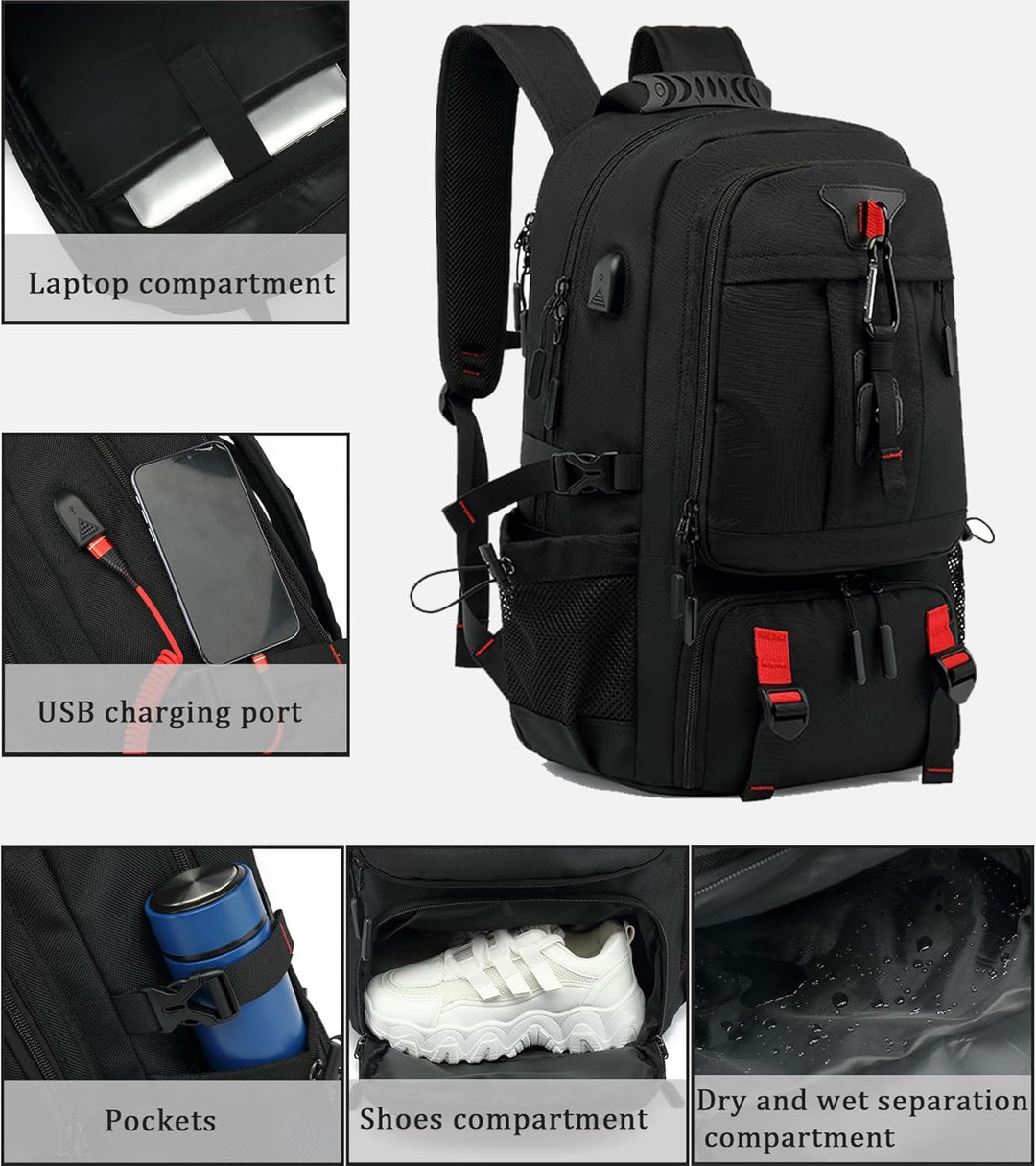 Waterproof 60L travel laptop backpack with integrated USB charging port and shoe compartment