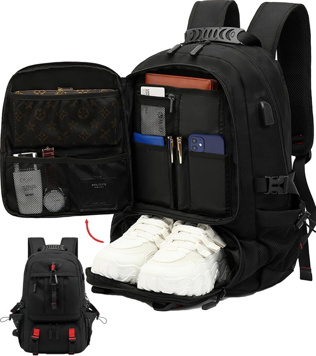 Unisex 60L waterproof travel laptop backpack with USB charging port, ideal for carry-on and weekend trips.