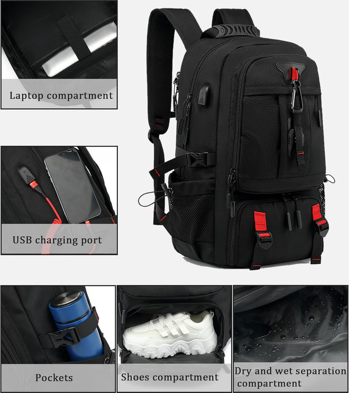 Spacious 60L waterproof travel backpack with multiple compartments, laptop sleeve, and shoe storage for organized packing.