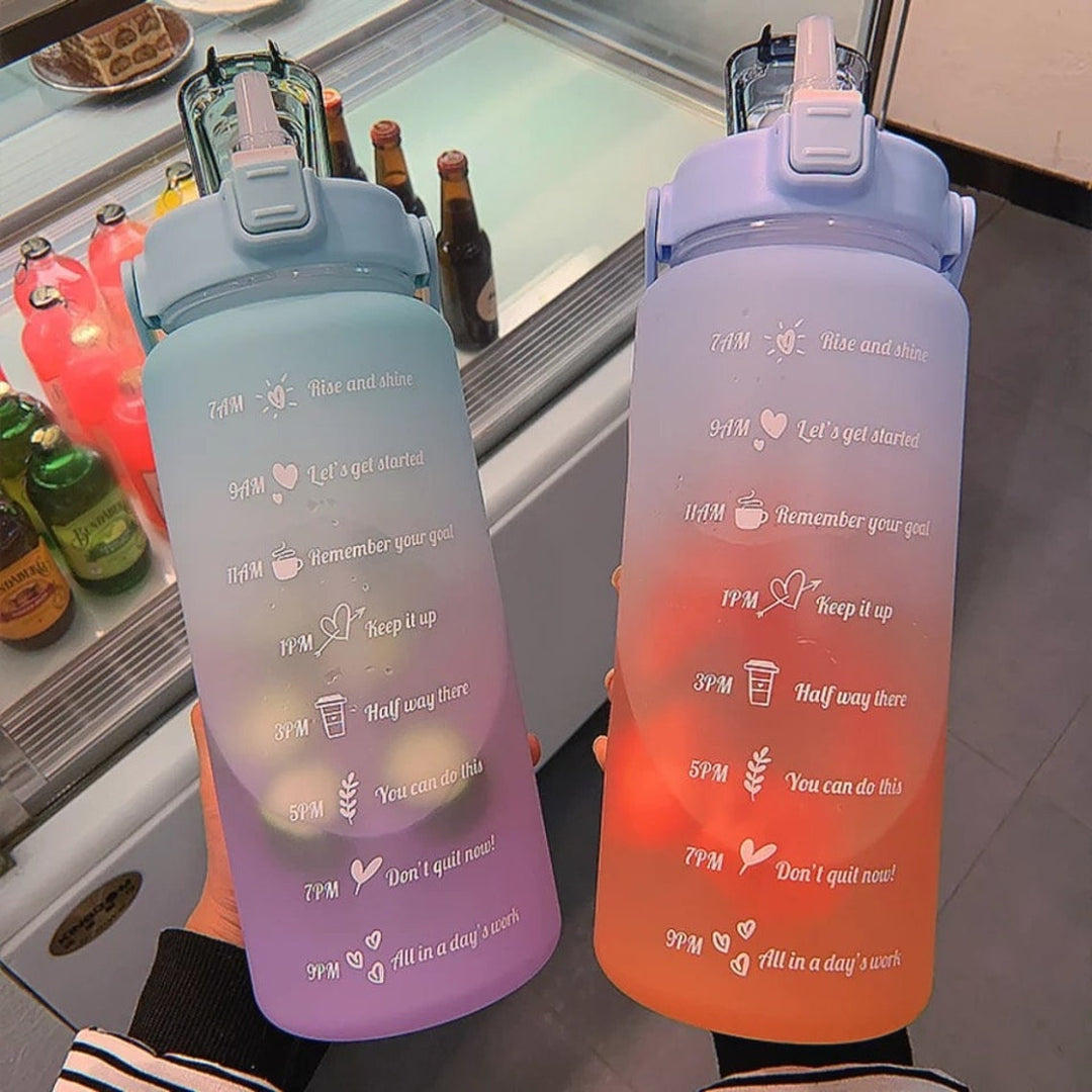 Unisex 64 fl oz motivational water bottle with time markers, perfect for daily hydration & fitness goals.