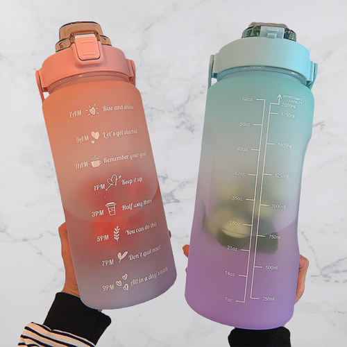 Large 64oz motivational water bottle with time markers for easy hydration tracking throughout your day.