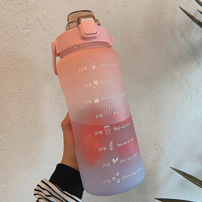 Portable 64 fl oz motivational hydration bottle, with ergonomic design and clear time markers.