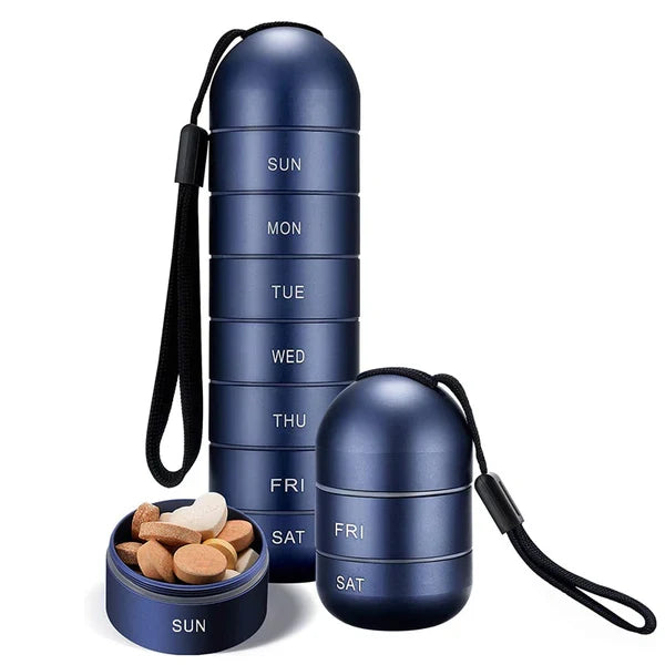 Unisex 7-day aluminum pill organizer for travel, waterproof medication case.