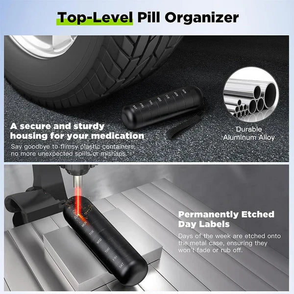 Portable 7-day aluminum pill organizer for daily medication & vitamin storage.