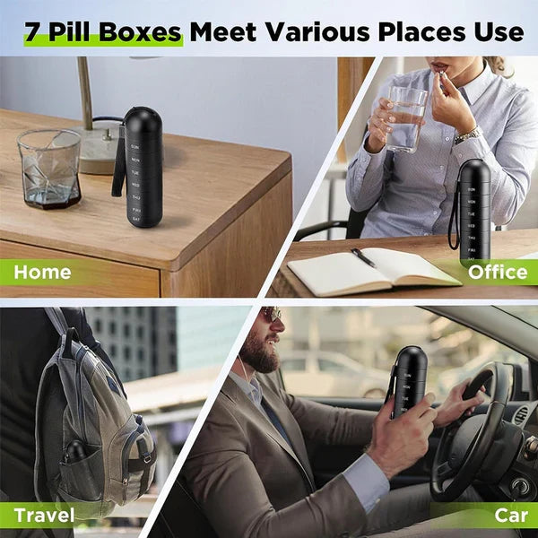 Weekly 7-day aluminum pill organizer for travel, keeps daily doses secure.