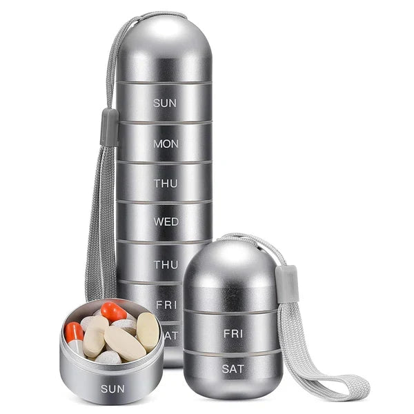Durable aluminum 7-day weekly pill organizer, ideal for travel and daily doses.