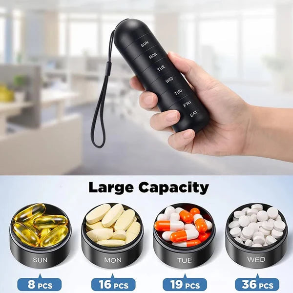 Travel-friendly 7-day aluminum pill organizer, waterproof medication & supplement holder.