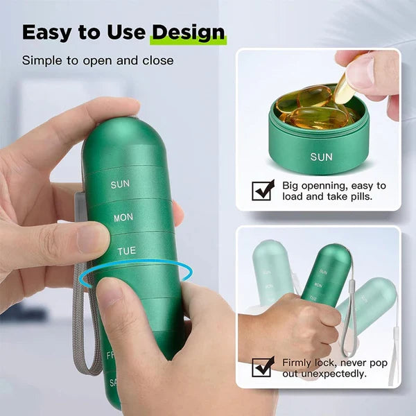 Compact 7-day aluminum travel pill case, organizes weekly medication doses.