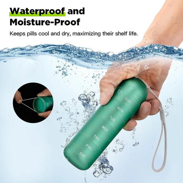 Unisex aluminum 7-day weekly pill organizer for safe, waterproof travel medication.