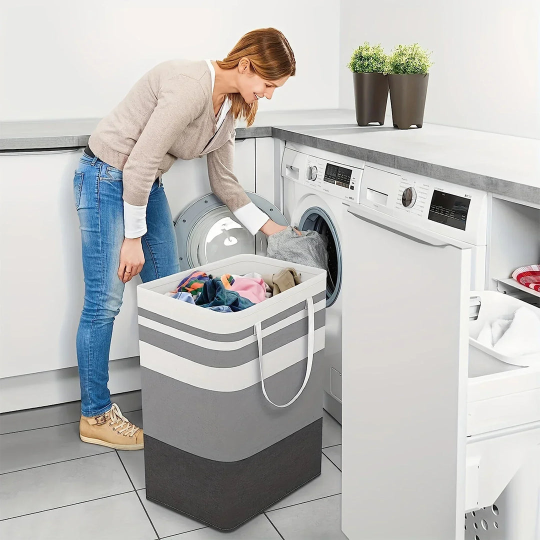75L Solen laundry hamper, fully open, with sturdy handles & gray and white stripes, perfect for dirty clothes storage