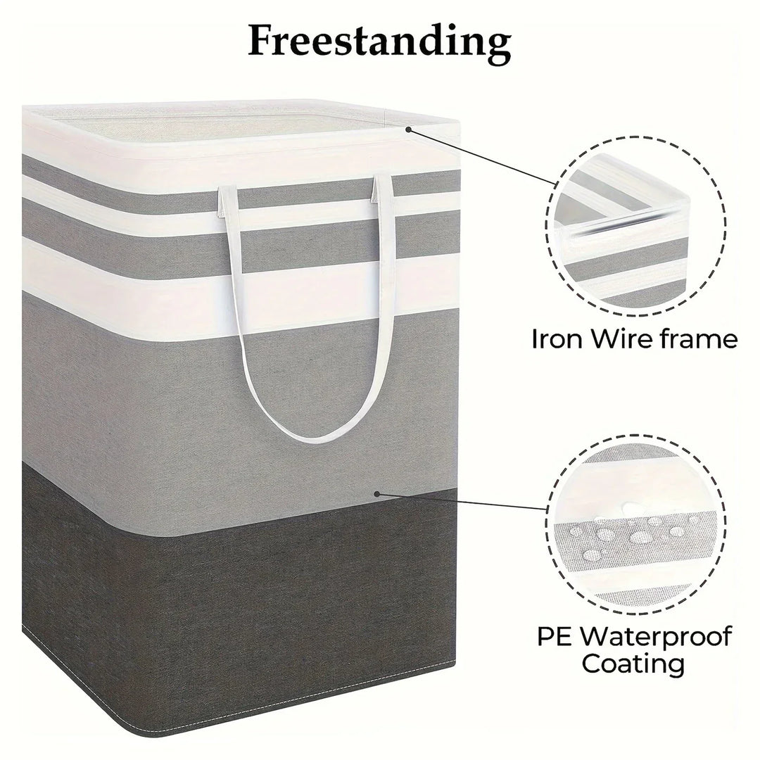 Solen 75L laundry hamper, standing upright, filled with laundry, showcasing its capacity & portable design in a bedroom