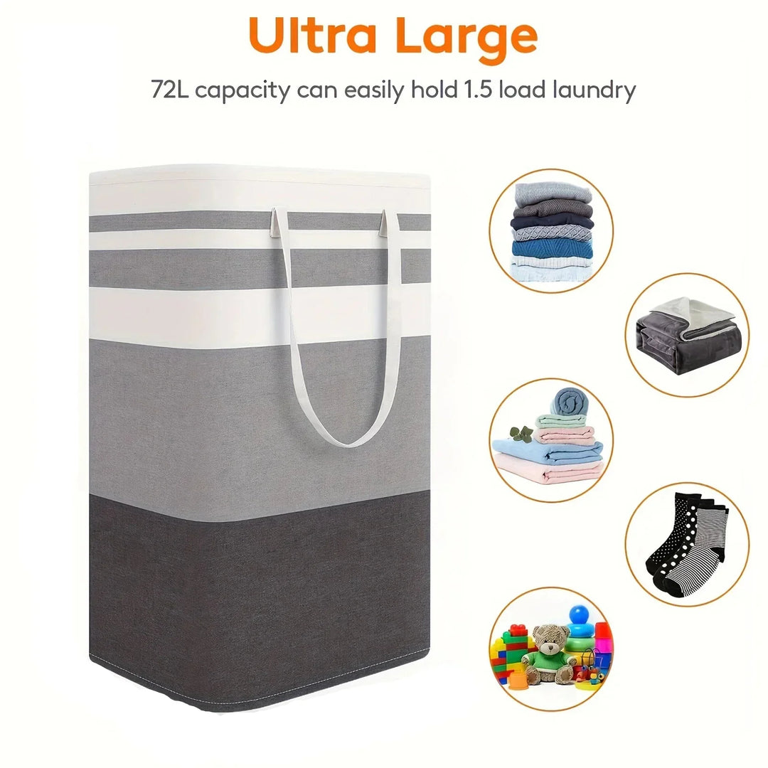 Striped 75L laundry hamper by Solen, with ergonomic handles, ready to be moved, in a bathroom organizational scene