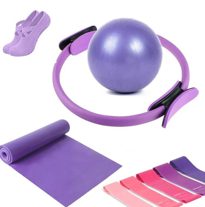 Unisex 9-piece home pilates kit with resistance ring, ball, bands, and non-slip socks for fitness