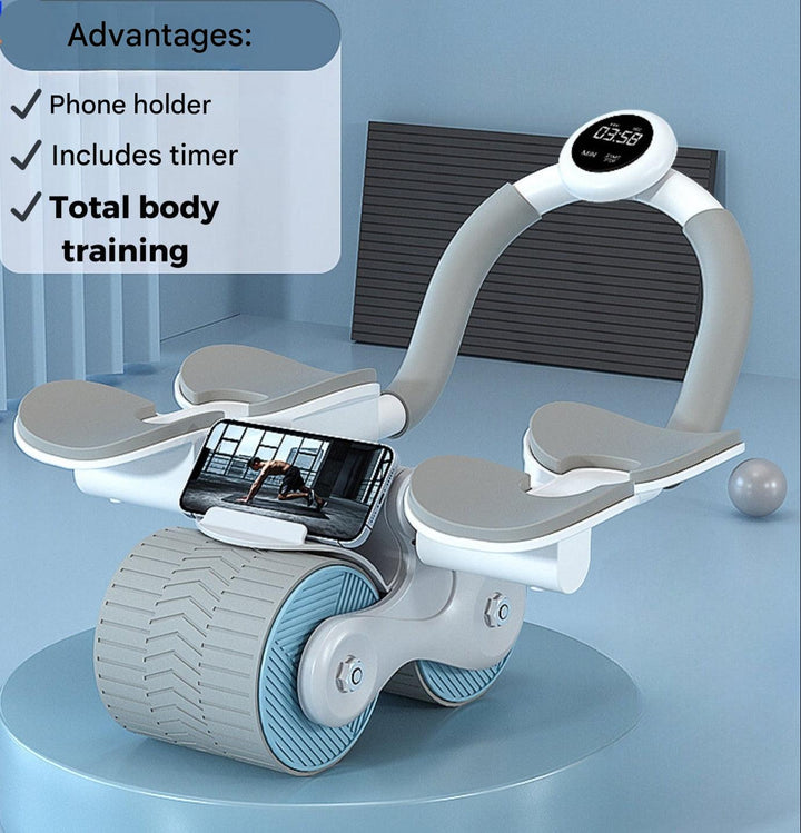 Unisex ab roller for core strength training, includes workout timer for precise exercise.
