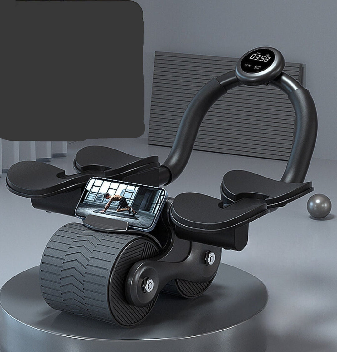 Portable core workout ab roller, unisex design with workout timer for home fitness goals.